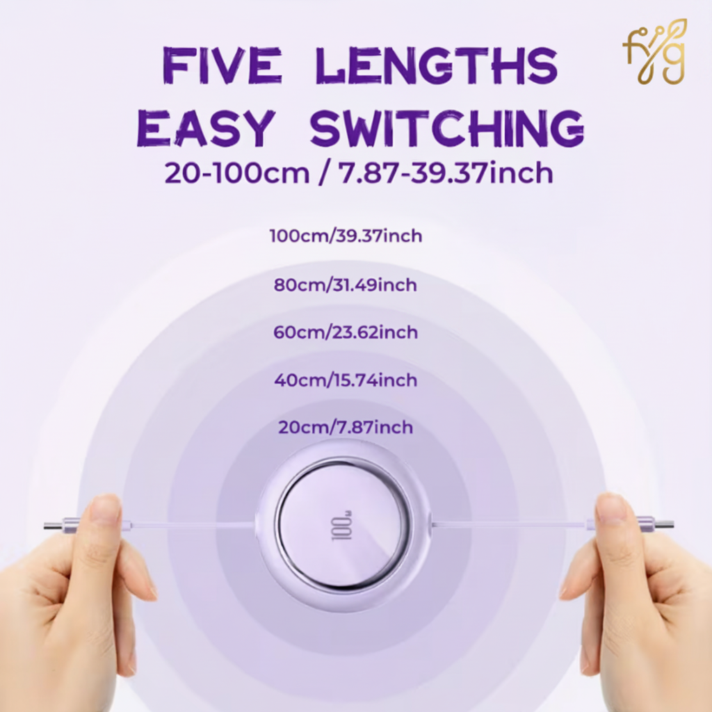 Five adjustable cable lengths from 20cm to 100cm