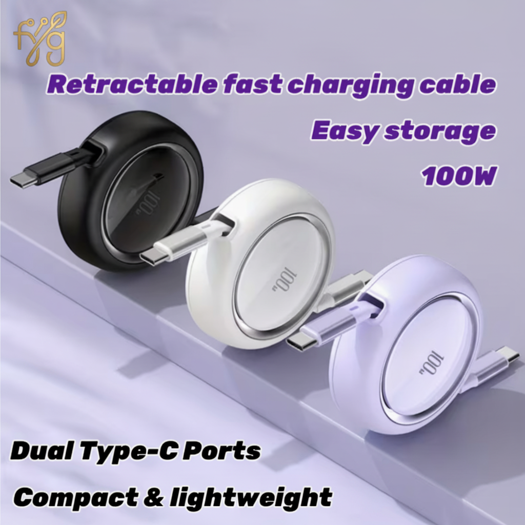 100W Retractable Fast Charging Cable – available in Black, White and Purple